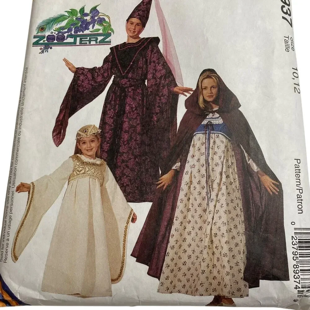 McCall's Medieval Costume 8937 Wizard Dress Gown Girls Size 10 12 Zooterz UNCUT